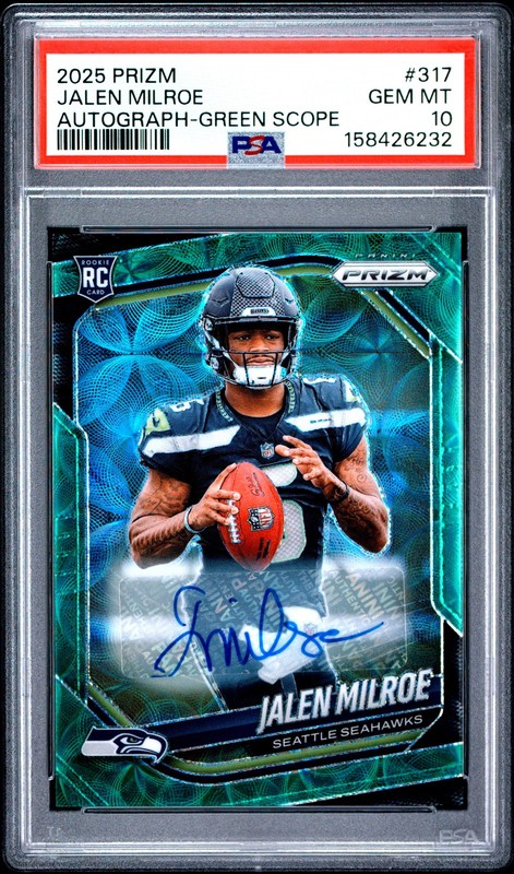 2025 PANINI PRIZM AUTO-GREEN SCOPE #317 JALEN MILROE ROOKIE RC 72/75 PSA 10