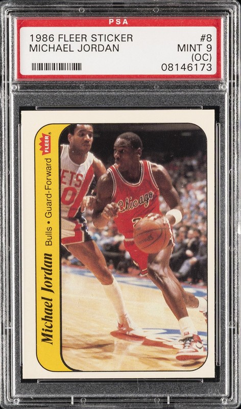 1986 FLEER STICKER #8 MICHAEL JORDAN ROOKIE RC PSA 9 OC