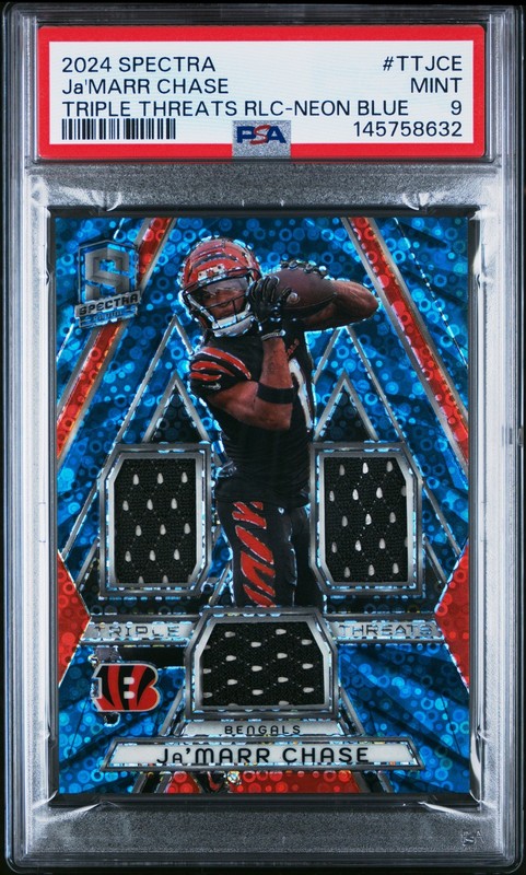 2024 PANINI SPECTRA TRIPLE THREATS RELICS NEON BLUE JA'MARR CHASE 37/60 PSA 9