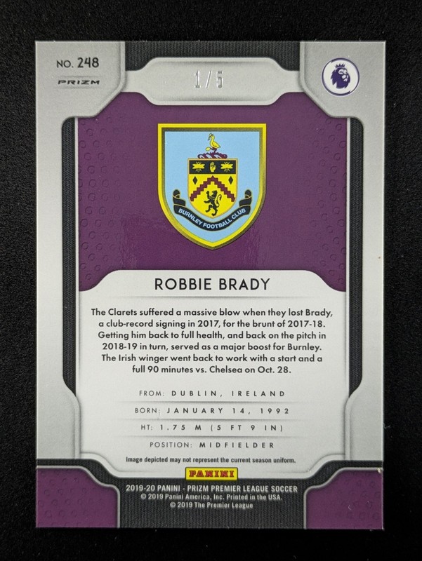 2019 Panini Prizm EPL Soccer ROBBIE BRADY 1/5 Gold Power Burnley #248 view 2