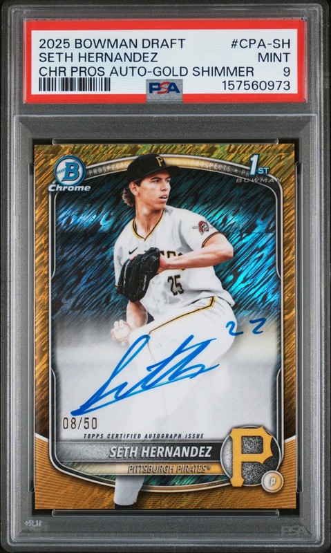 2025 BOWMAN DRAFT CHROME PROSPECT AUTO GOLD SHIMMER SETH HERNANDEZ 8/50 PSA 9