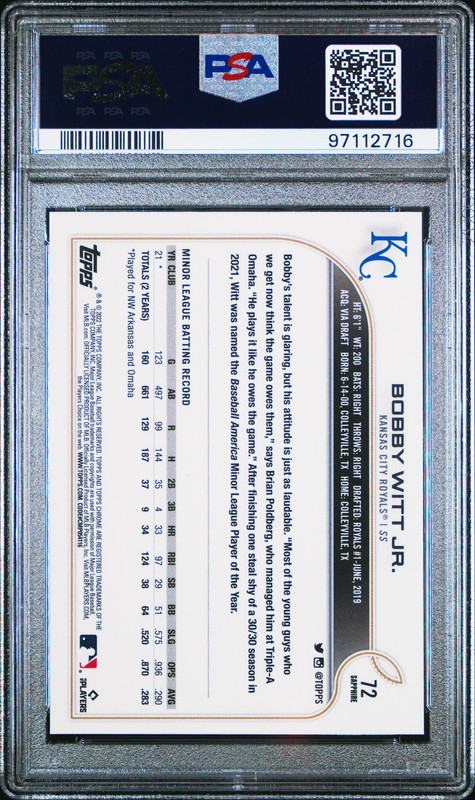 2022 TOPPS CHROME SAPPHIRE EDITION #72 BOBBY WITT JR. ROOKIE RC PSA 10 view 2