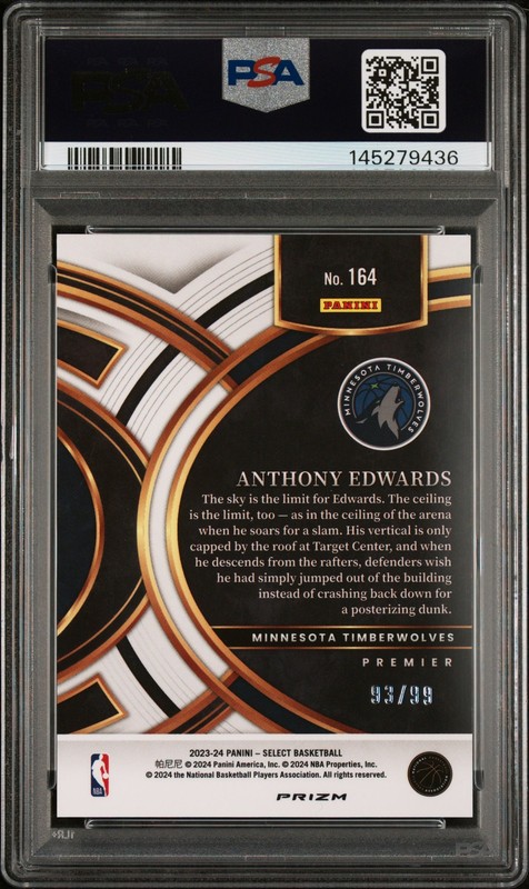 2023 PANINI SELECT PURPLE CRACKED ICE #164 ANTHONY EDWARDS 93/99 PSA 8 view 2