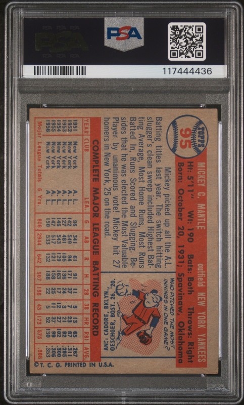 1957 TOPPS #95 MICKEY MANTLE PSA 4 view 2