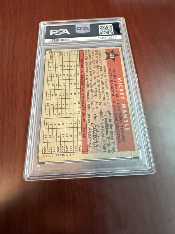 1958 Topps #487 Mickey Mantle HOF. PSA 3 view 2