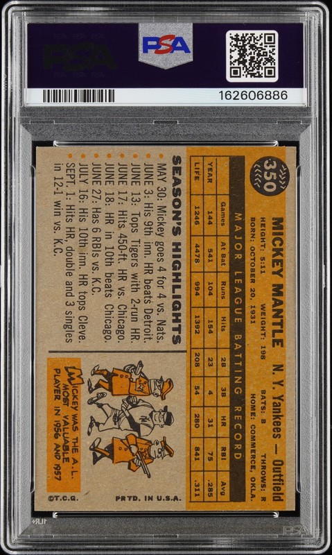 1960 TOPPS #350 MICKEY MANTLE PSA 5 view 2