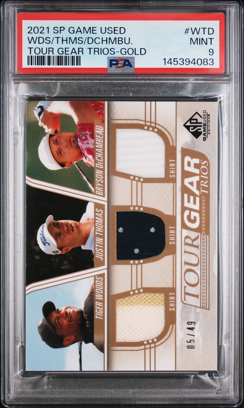 2021 GOLD #WTD BRYSON DECHAMBEAU/JUSTIN THOMAS/TIGER WOODS 5/49 PSA 9