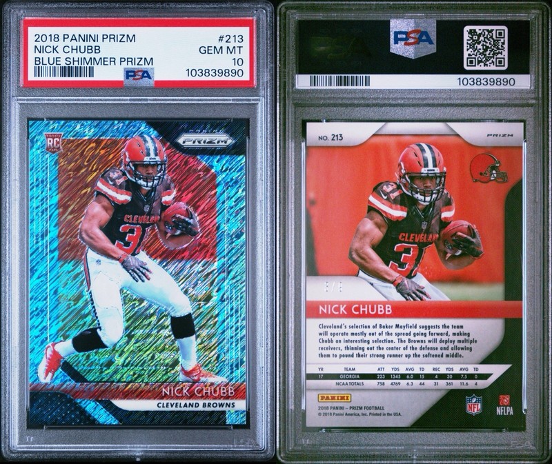 2018 Panini Prizm Nick Chubb Blue Shimmer Rookie Card RC /9 PSA 10 Gem #213 NFL