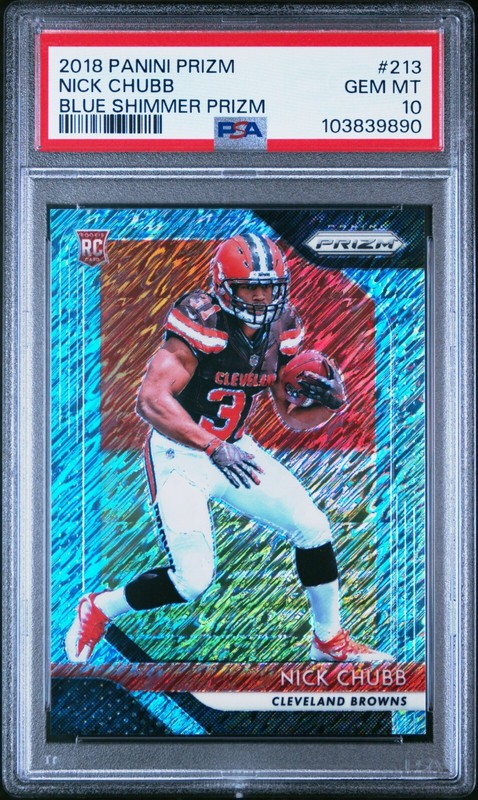 2018 Panini Prizm Nick Chubb Blue Shimmer Rookie Card RC /9 PSA 10 Gem #213 NFL view 2