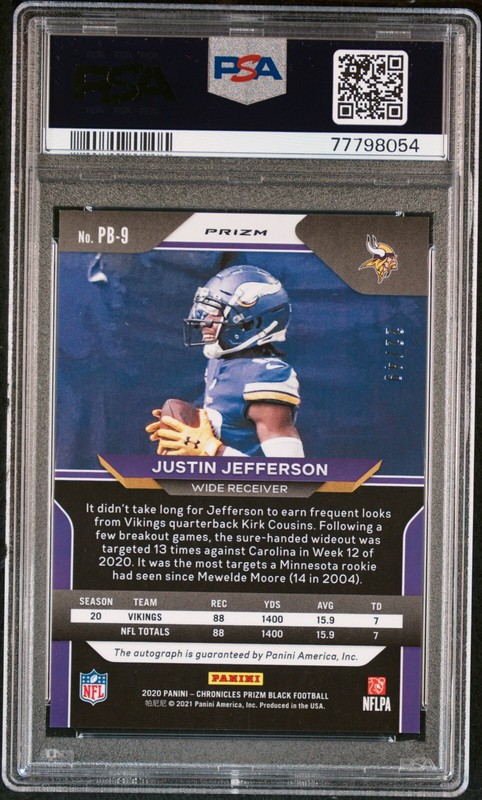 2020 Panini Chronicles Prizm Justin Jefferson Green Rookie RC Auto Sig /49 PSA 9 view 2