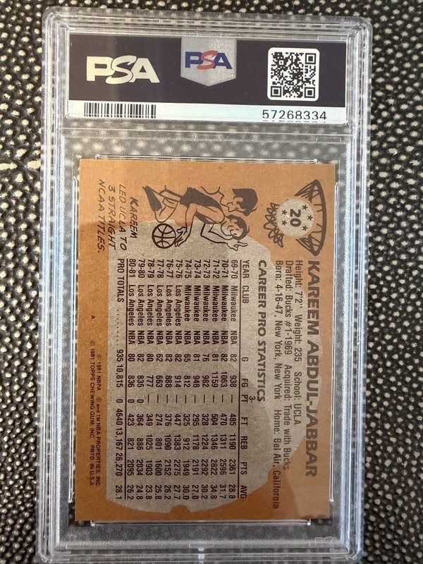 1981-82 Topps Kareem Abdul-Jabbar #20 PSA EX-MT Freshly Slabbed view 2