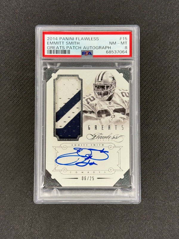 EMMITT SMITH 2014 Panini Flawless #15 Greats Game Worn Patch Auto /25 PSA 8
