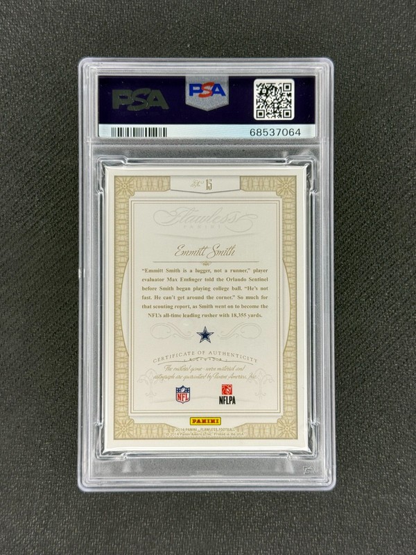 EMMITT SMITH 2014 Panini Flawless #15 Greats Game Worn Patch Auto /25 PSA 8 view 2