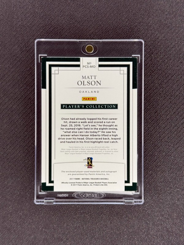 MATT OLSON 2017 Panini National Treasures Triple Patch Rookie Platinum Auto 1/1 view 2