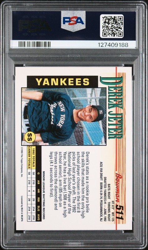 1993 BOWMAN #511 DEREK JETER ROOKIE RC PSA 8 view 2