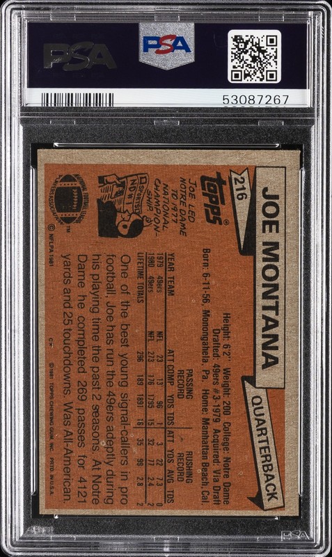 1981 TOPPS #216 JOE MONTANA PSA 5 view 2