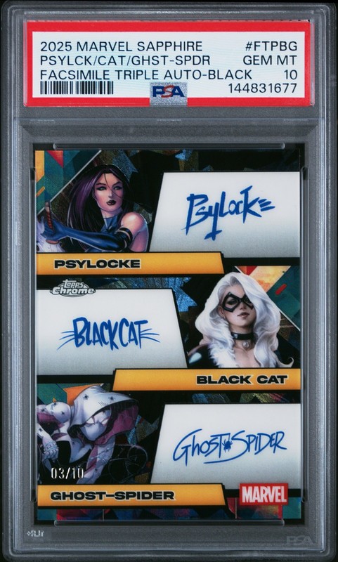 2025 MARVEL SAPPHIRE TRIPLE AUTO BLACK BLACK CAT/GHOST-SPIDER/PSYLOCKE/10 PSA 10