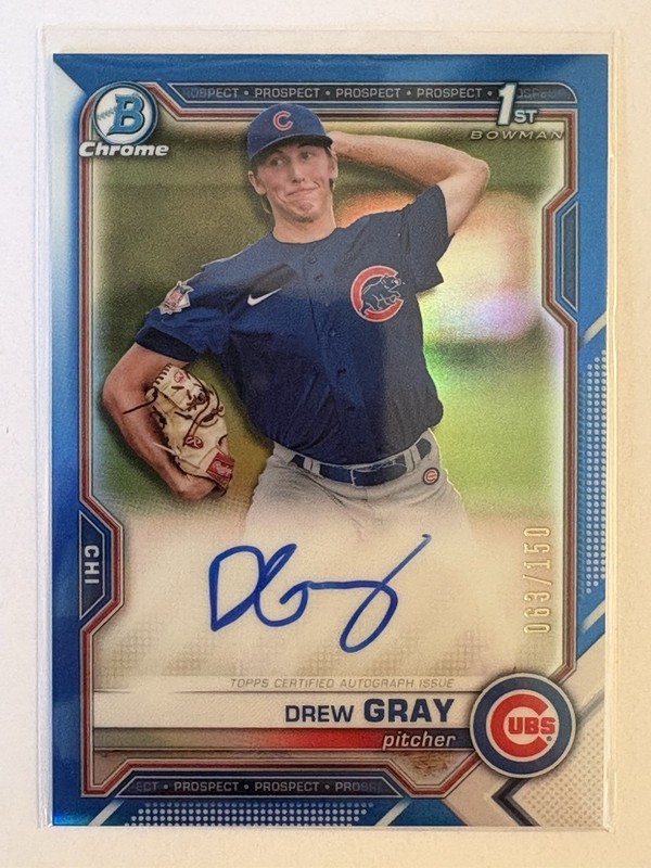 2021 Bowman Chrome Draft Drew Gray True Blue Refractor Autograph /150 Auto Cubs