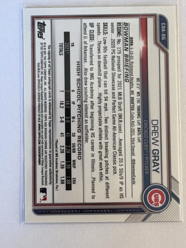 2021 Bowman Chrome Draft Drew Gray True Blue Refractor Autograph /150 Auto Cubs view 2