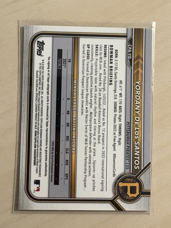 2022 Bowman Chrome  Yordany De Los Santos Autograph #CPA-YD Auto Pirates FY view 2