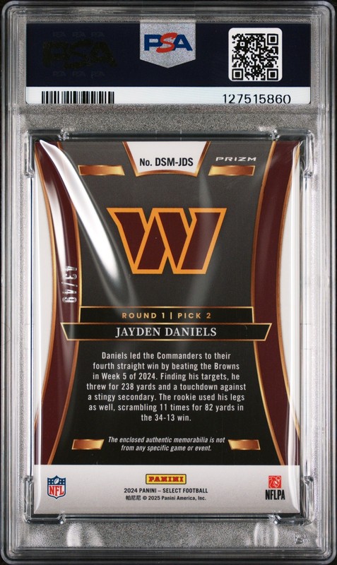 2024 PANINI SELECT DRAFT SELECTIONS MEMORABILIA JAYDEN DANIELS 43/49 PSA 9 view 2