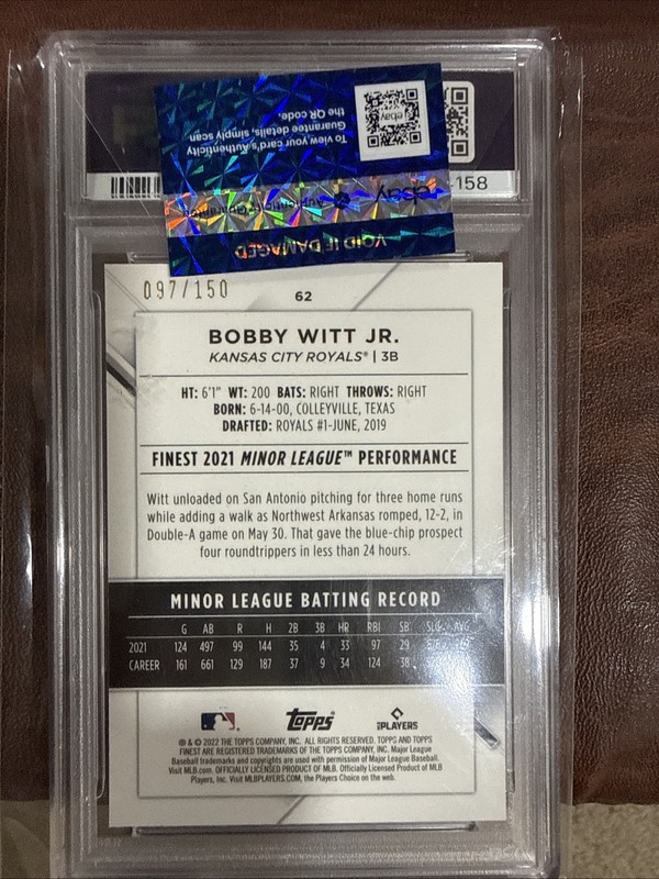 2022 Topps Finest - Bobby Witt Jr. #62 Blue Refractor /150 (RC) Psa 10 view 2