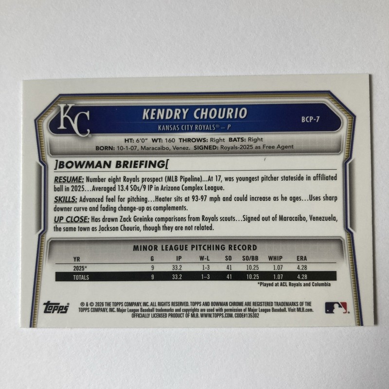 2026 Bowman Chrome Kendry Chourio Prospect BCP-7,Lava Refractor /399  view 2