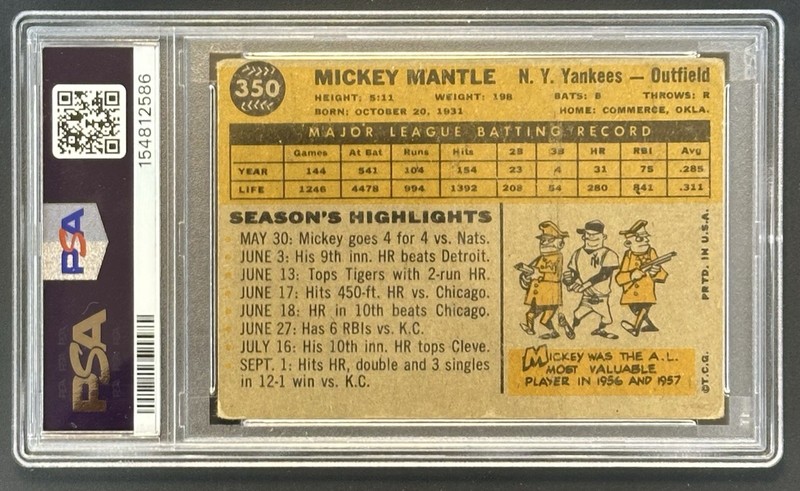 1960 TOPPS Mickey Mantle #350 PSA 2 🔥WELL CENTERED & CREASE FREE 🔥 view 2