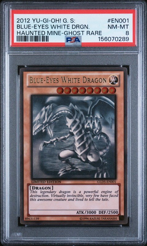 2012 YU-GI-OH! GOLD SERIES: HAUNTED MINE GHOST RARE BLUE-EYES WHITE DRAGON PSA 8
