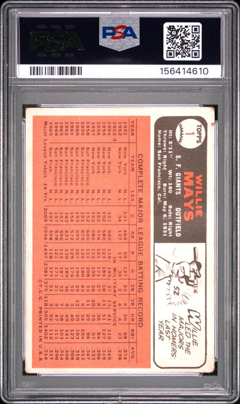 1966 TOPPS #1 WILLIE MAYS PSA 1.5 view 2