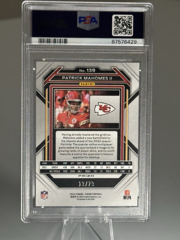 2022 Panini Prizm - Patrick Mahomes II #139 No Huddle Blue Prizm /79 PSA 10 view 2