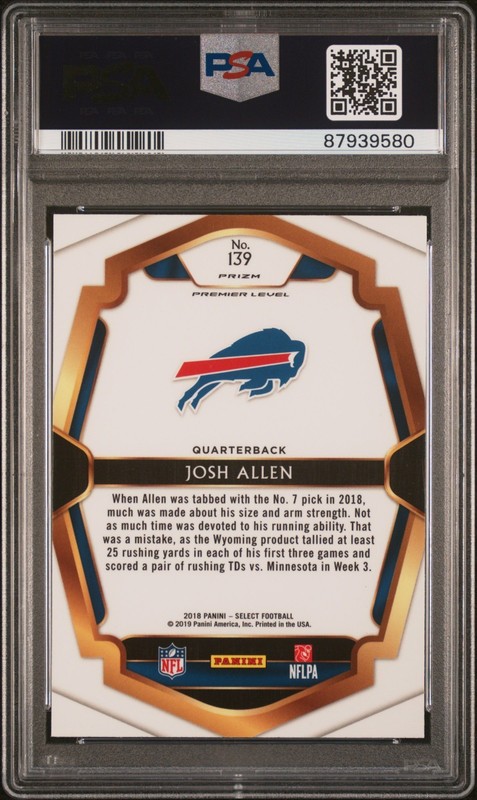 2018 Panini Select Premier Level Josh Allen #139 Silver Prizm RC PSA 10 Bills view 2