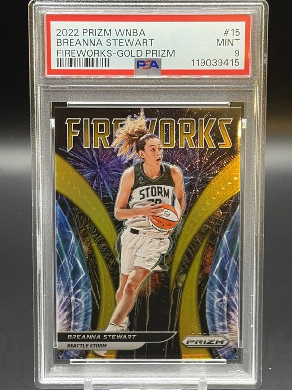 2022 Panini Prizm WNBA Fireworks Breanna Stewart Gold Prizm /10 #15 PSA 9 view 2