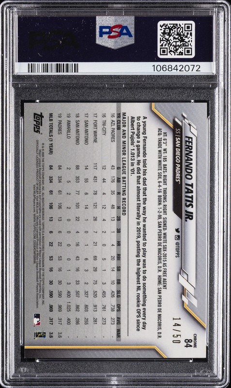 2020 TOPPS CHROME GOLD REFRACTOR #84 FERNANDO TATIS JR. 14/50 PSA 9 view 2