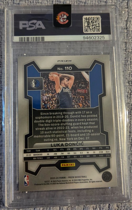 2023-24 Panini Prizm Luka Doncic #110 Orange Ice Prizm  Mavericks PSA 10 gm view 2
