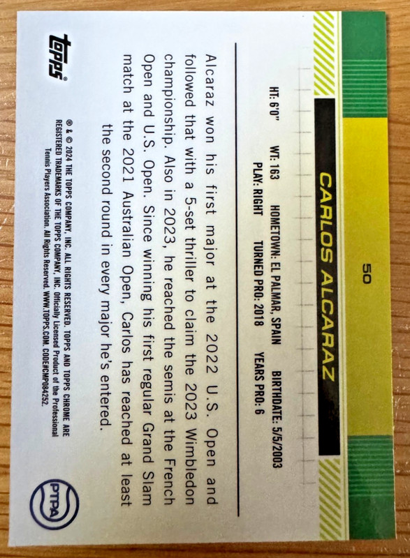 2024 Topps Chrome - Carlos Alcaraz #50 Lime Green Refractor /299 view 2