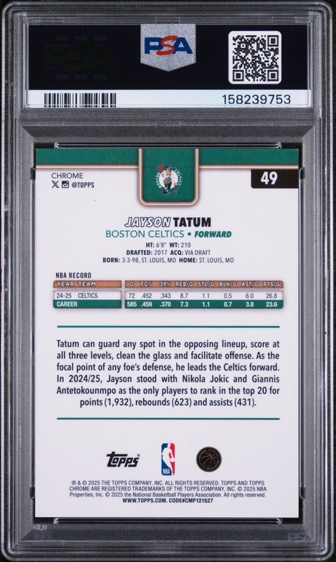 2025-26 Topps Chrome - Image Variation Jayson Tatum #49 Green Speckle Refractor view 2