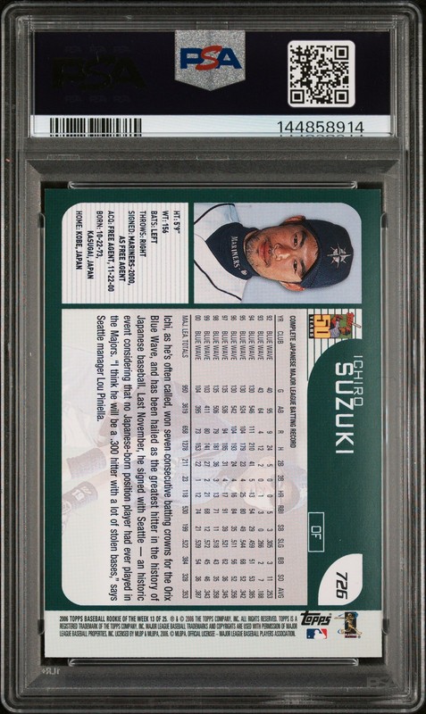 2006 TOPPS ROOKIE OF THE WEEK #13 ICHIRO SUZUKI PSA 10 view 2