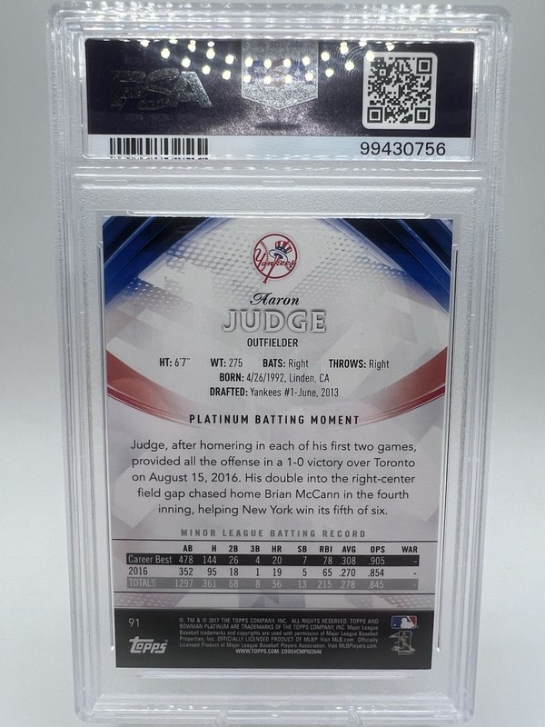 2017 Bowman Platinum #91 Aaron Judge Rookie Card RC New York Yankees MVP PSA 9 view 2