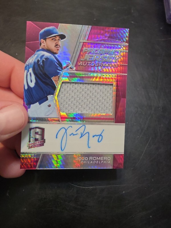 Jojo Romero 2019 Panini Chronicles Spectra Prospect Jersey Auto #/49, Patch Auto