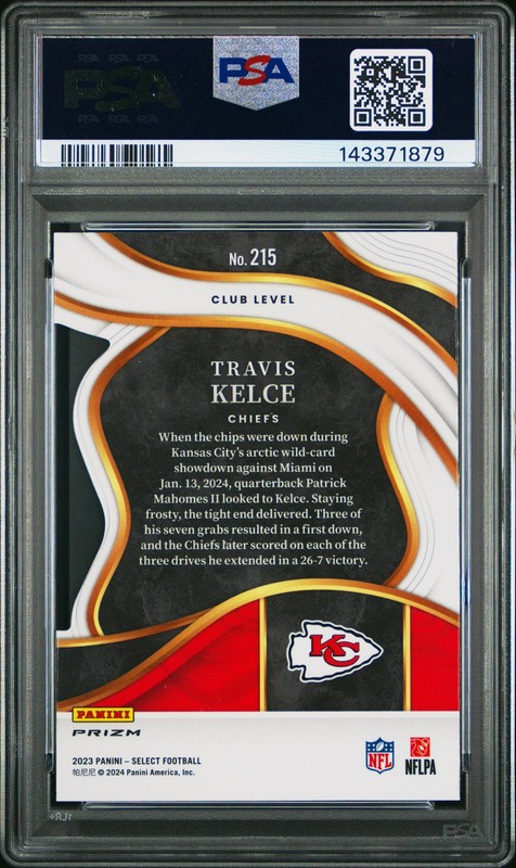 2023 PANINI SELECT DIE-CUT BLACK & RED PRIZM #215 TRAVIS KELCE PSA 10 view 2