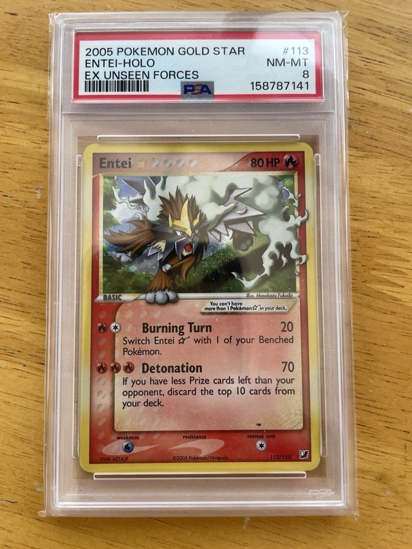 Pokemon 2005 Entei Gold Star 113/115 EX Unseen Forces Holo PSA 8