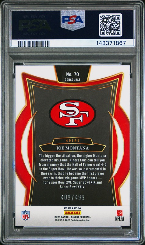 2024 PANINI SELECT ORANGE SHOCK #70 JOE MONTANA 409/499 PSA 10 view 2