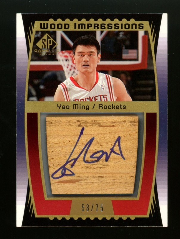 2004-05 UPPER DECK SP GAME USED YAO MING WOOD IMPRESSIONS AUTO /75