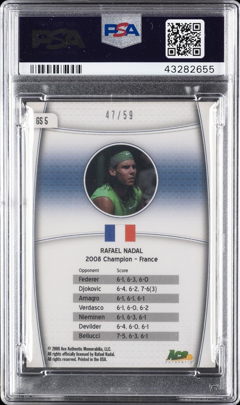2009 ACE AUTHENTIC GAME,SET,MATCH GRAND SLAM #GS5 RAFAEL NADAL #/59 PSA 9 view 2