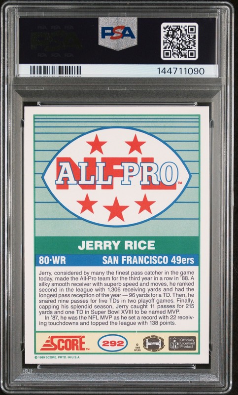 1989 SCORE #292 JERRY RICE PSA 10 view 2