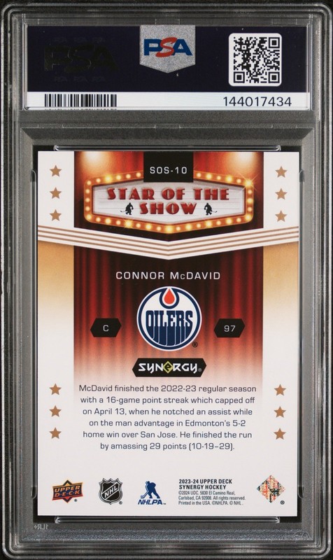 2023-24 Upper Deck Synergy #SOS-10 Connor McDavid Star of the Show PSA 10 view 2
