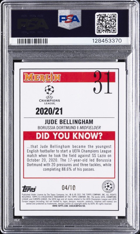 2020 TOPPS MERLIN CHROME CHAMPIONS LEAGUE JUDE BELLINGHAM ROOKIE RC 4/10 PSA 10 view 2