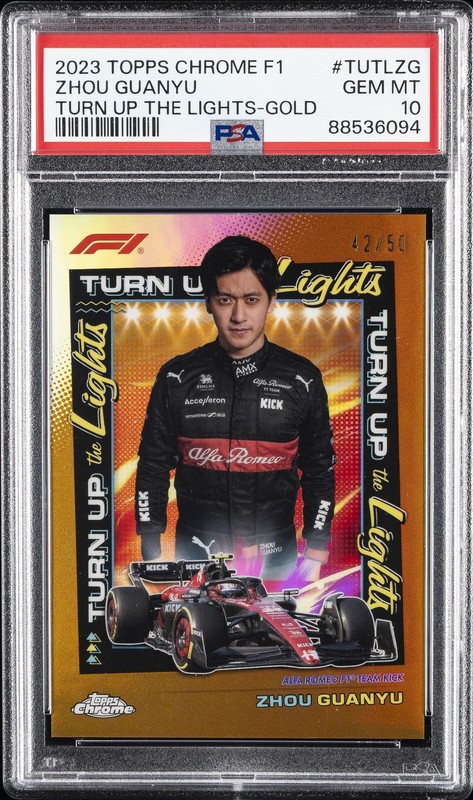 2023 TOPPS CHROME FORMULA 1 TURN UP THE LIGHTS #TUTLZG ZHOU GUANYU 42/50 PSA 10