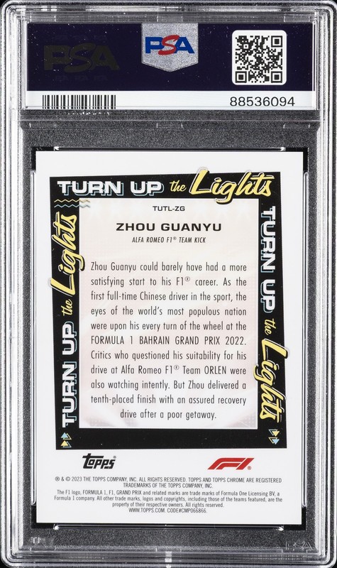 2023 TOPPS CHROME FORMULA 1 TURN UP THE LIGHTS #TUTLZG ZHOU GUANYU 42/50 PSA 10 view 2